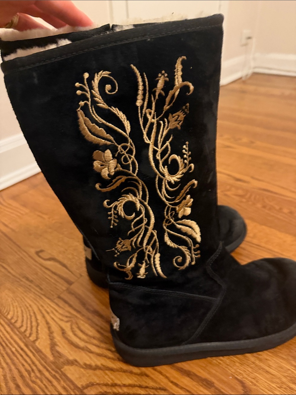 UGG Black Suede Mid-Calf Boots with Gold Embroidery